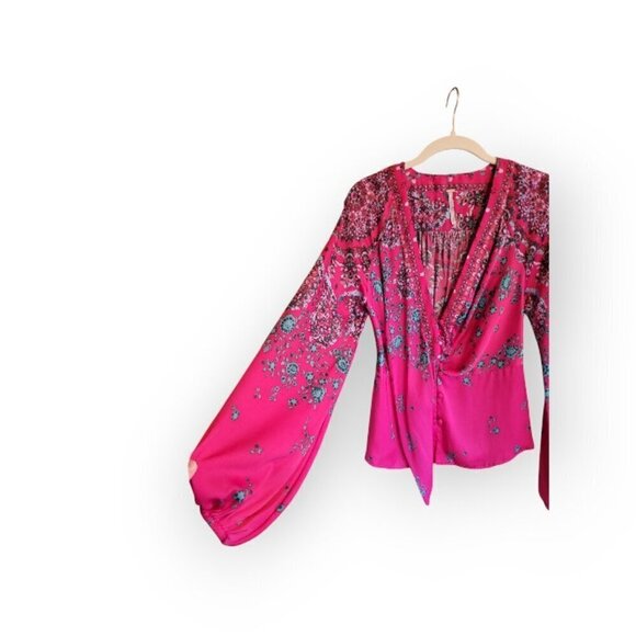 Free People Fuchsia Balloon Sleeve Blouse Size S - Picture 4 of 13